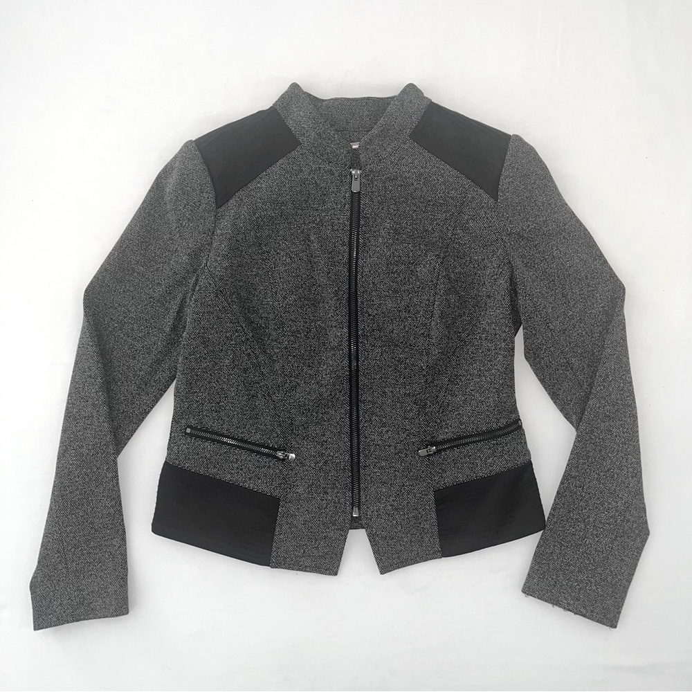 White House Black Market WHBM tweed coat jacket blazer black faux leather zipper